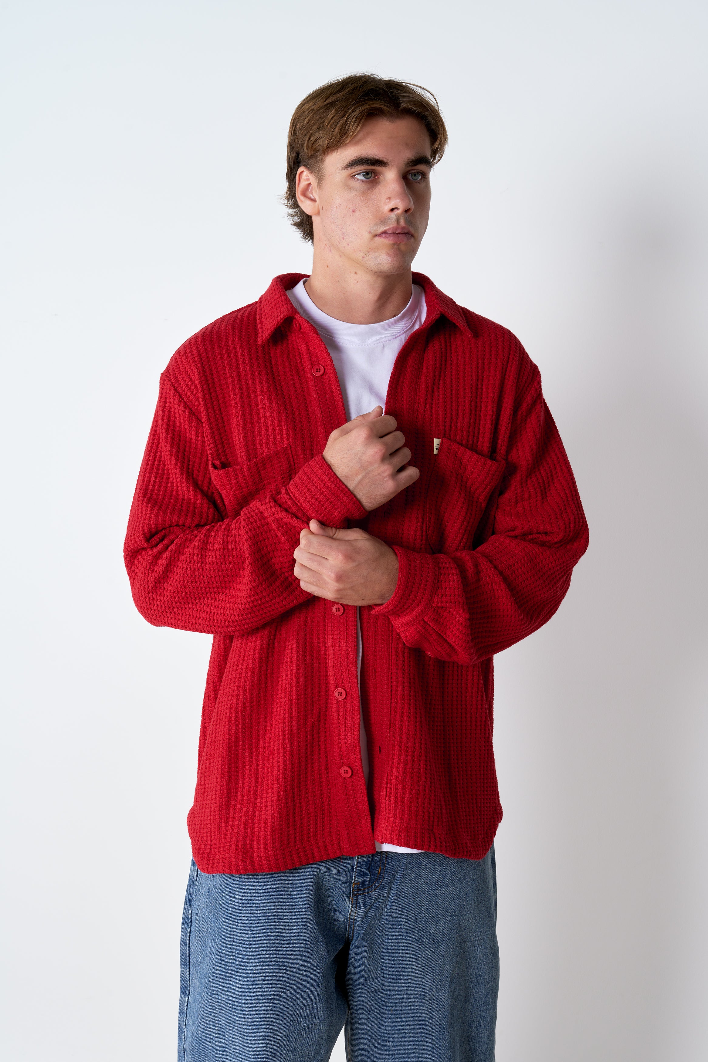 Waffle Button Up - Red - Image 4